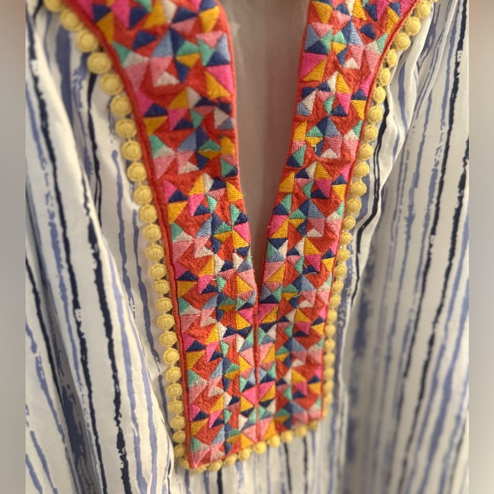 THML Women’s Dress with Blue Stripes and Embroidered Geometric Neckline - Picture 6 of 8